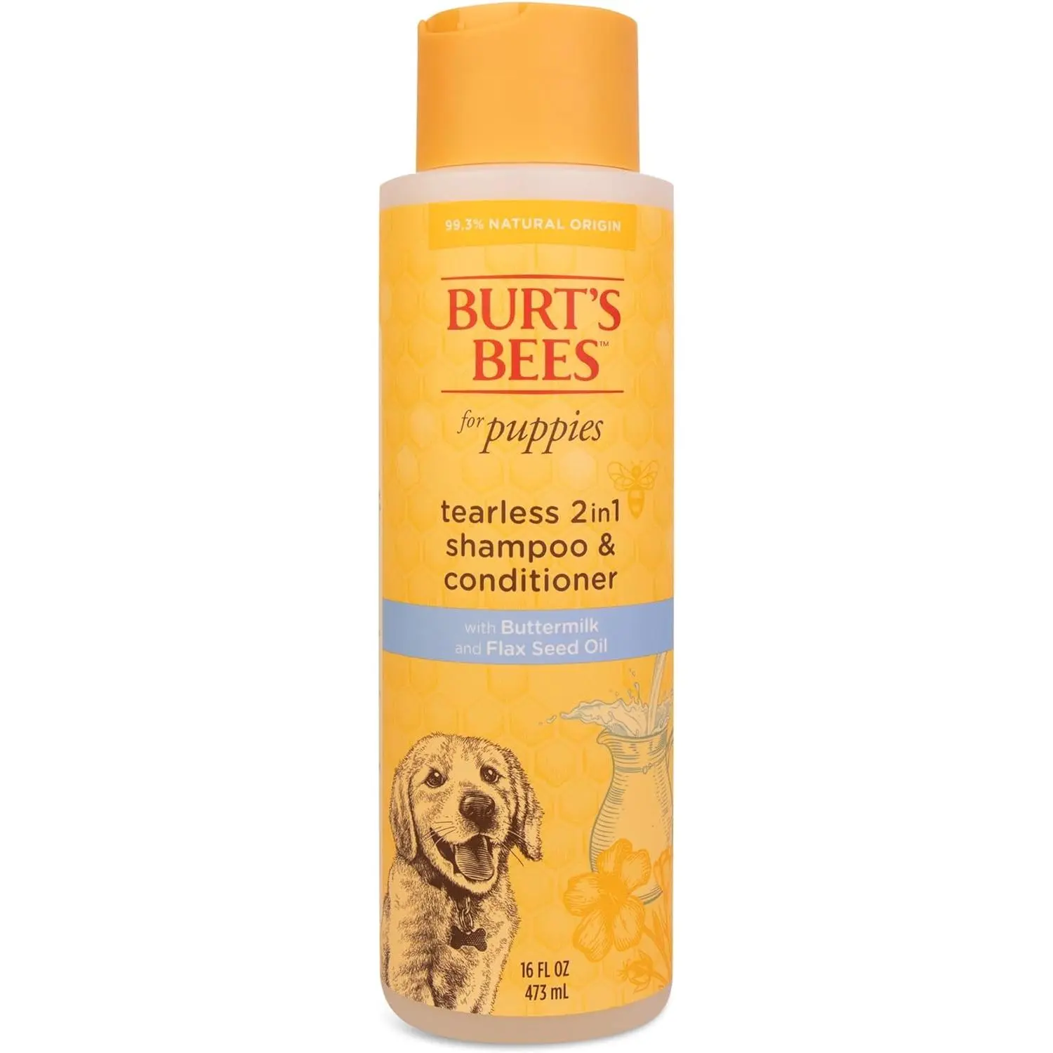 Burt's Bees for Pets Puppies Natural Tearless 2 in 1 Shampoo and Conditioner - Made with Buttermilk and Flax Seed Oil - Best Tearless Puppy Shampoo for Gentle Skin and Coat - Made in USA, 16 Oz