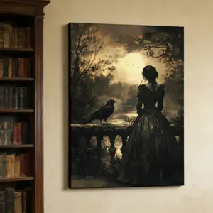 Gothic woman and raven wall art print, Gothic sunset balcony scene poster, office, interior wall decoration.