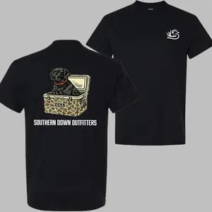 Southern Down Outfitters Southern Dog T-Shirt - Cute Black Lab In Camo Cooler Graphic, Hunting Dog Lover Shirt, Casual Everyday Wear Classic Menswear, 100% Cotton, Crewneck