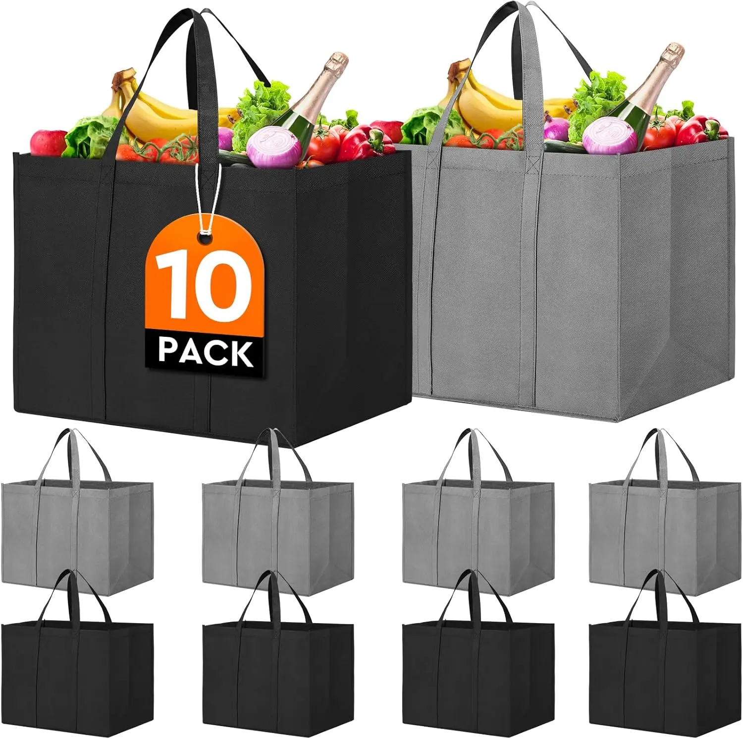 Reusable Grocery Shopping Bags 10 Pack Large Foldable Tote Bags Bulk, Eco Produce Bags with Long Handle for Shopping Groceries Clothes (Grey&Black)