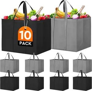 Reusable Grocery Shopping Bags 10 Pack Large Foldable Tote Bags Bulk, Eco Produce Bags with Long Handle for Shopping Groceries Clothes (Grey&Black)