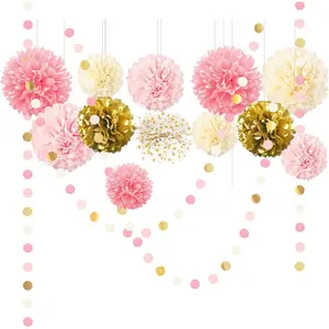 Wedding Baby Shower Decorations Set, 15PCS Pink Gold Tissue Paper Pom Poms, Circle Dots Colorful Paper Garland String Hanging Backdrop for Birthday Party, Gender Reveal Celebration Decor