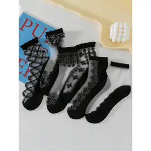 6 Pairs Women Short Socks, Lace Glass Silk, Fashion Casual, Spring/Summer Thin Breathable Moisture-Wicking Sexy Thin Socks Suitable For Daily Use & Sports
