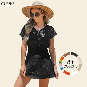 CUPSHE TikTokShopSpringGlowUp Boho V-Neck Crochet Beach Cover Up Swimsuit - Cinched Waist Slim Fit Mini Dress | 2026 Beach to Street Summer Vacation Essentials for Women Swimwear Coverups