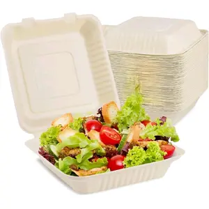 9x9 Bagasse Takeout Boxes 42g Heavy Duty 1 Compartment Pack of 100 Eco Friendly Clamshell Disposable Containers