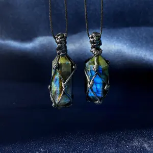 Natural Labradorite Double-Pointed Pendant — Handwoven Macrame Necklace for Energy Shielding & Clarity | Unique Spiritual Jewelry, Meditation Gifts Jewellery