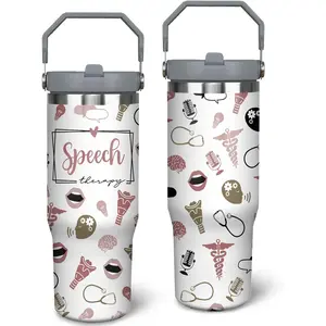 30 oz Portable Stainless Steel Insulated Tumbler with Handle and Straw - Women's Speech Pathologist Gift, Pink Vacuum Flask, Speech Therapy Travel Coffee Mug, Bottled Water Container