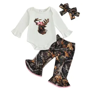 Canrulo Newborn Baby Girl Hunting Clothes Deer Long Sleeve Romper Jungle Camo Flare Pants Set 3 Piece Fall Winter Outfit
