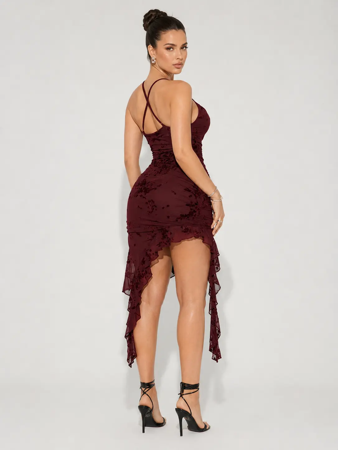 Womens Mesh Midi Dress Cowl Neck Ruched Velvet Rosette Ruffle Party Date Night Cocktail Dress