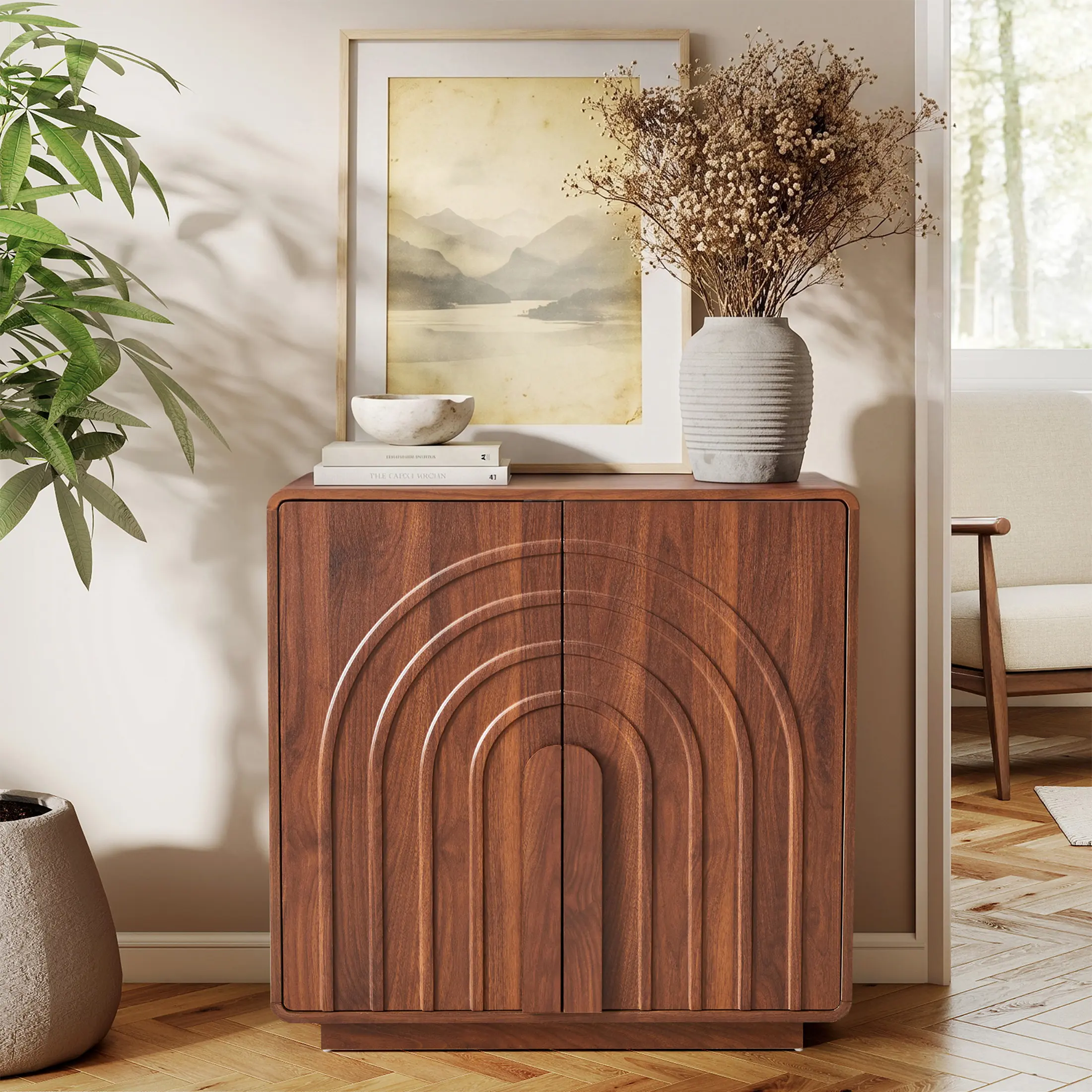 Giratree 32.2'' Arched 2-Door Storage Cabinet, Modern Wood Sideboard with Adjustable Shelf, Rounded Corner Accent Cabinet for Entryway, Dining Room, Kitchen & Coffee Bar
