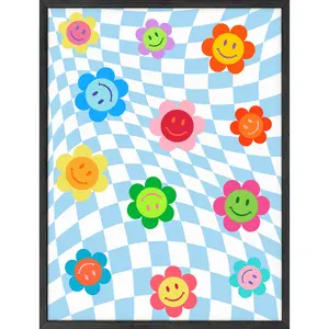 Checkerboard Blue Smiling Daisies - Artistic Wall Decor Print for Room Aesthetic and Vibe