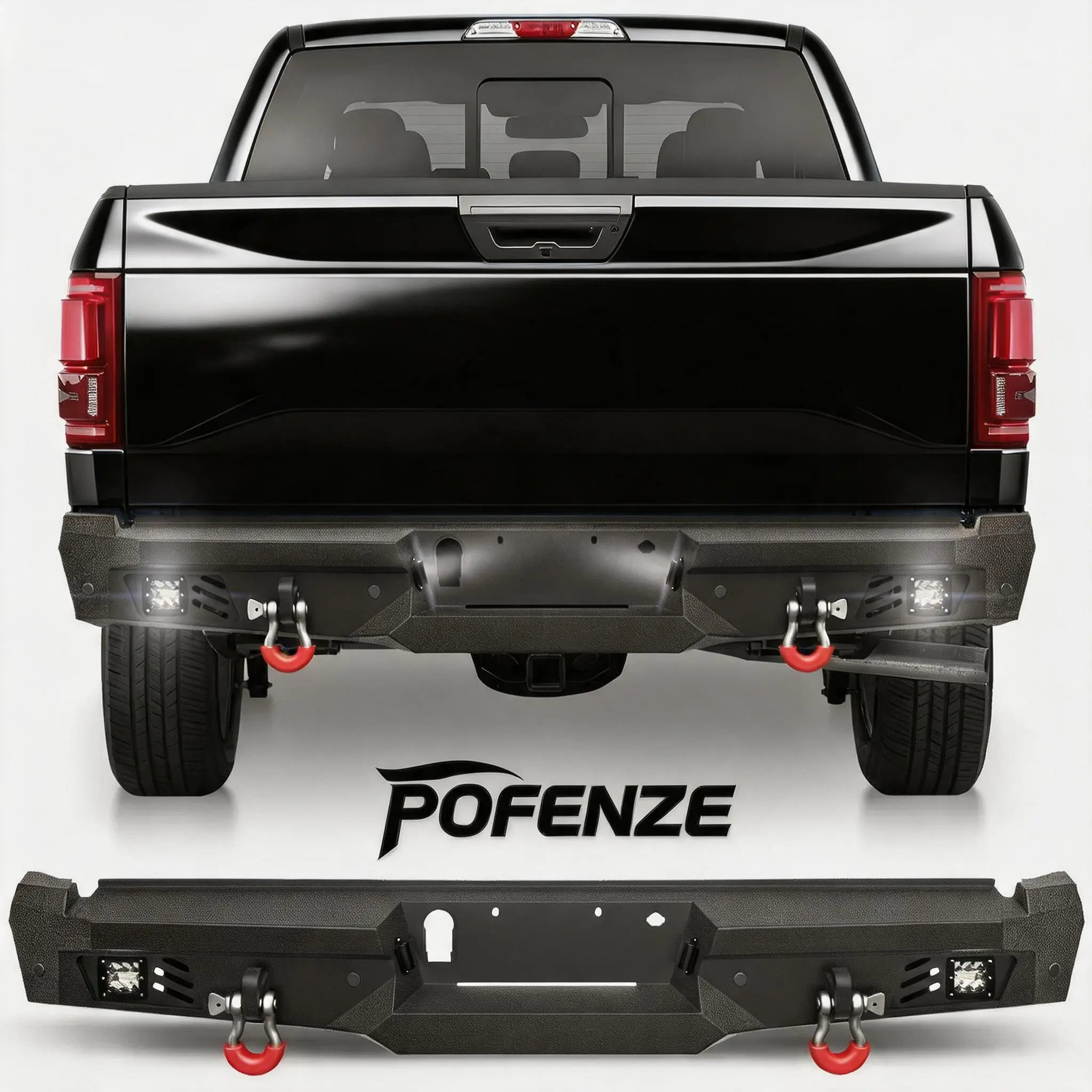 POFENZE-NADIA Rear Bumper Kit for 2015-2025 Ford F150 (Excluding Raptor & Ecoboost) - Direct Fit Auto Body Replacement Accessory with Fog Lights, License Plate Lights, D-Rings, Rigid Bars, Improve Nighttime Readability, Provide Secure Attachment Points