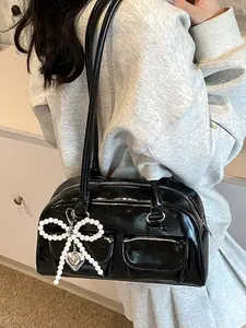 Simple  classic  handbag, pearl bow heart pendant, retro sweet heart pendant small square bag, niche, exquisite, cute and versatile with multiple colors to choose from, suitable for daily commuting, shopping, dating, etc., Casual Trendy Purse