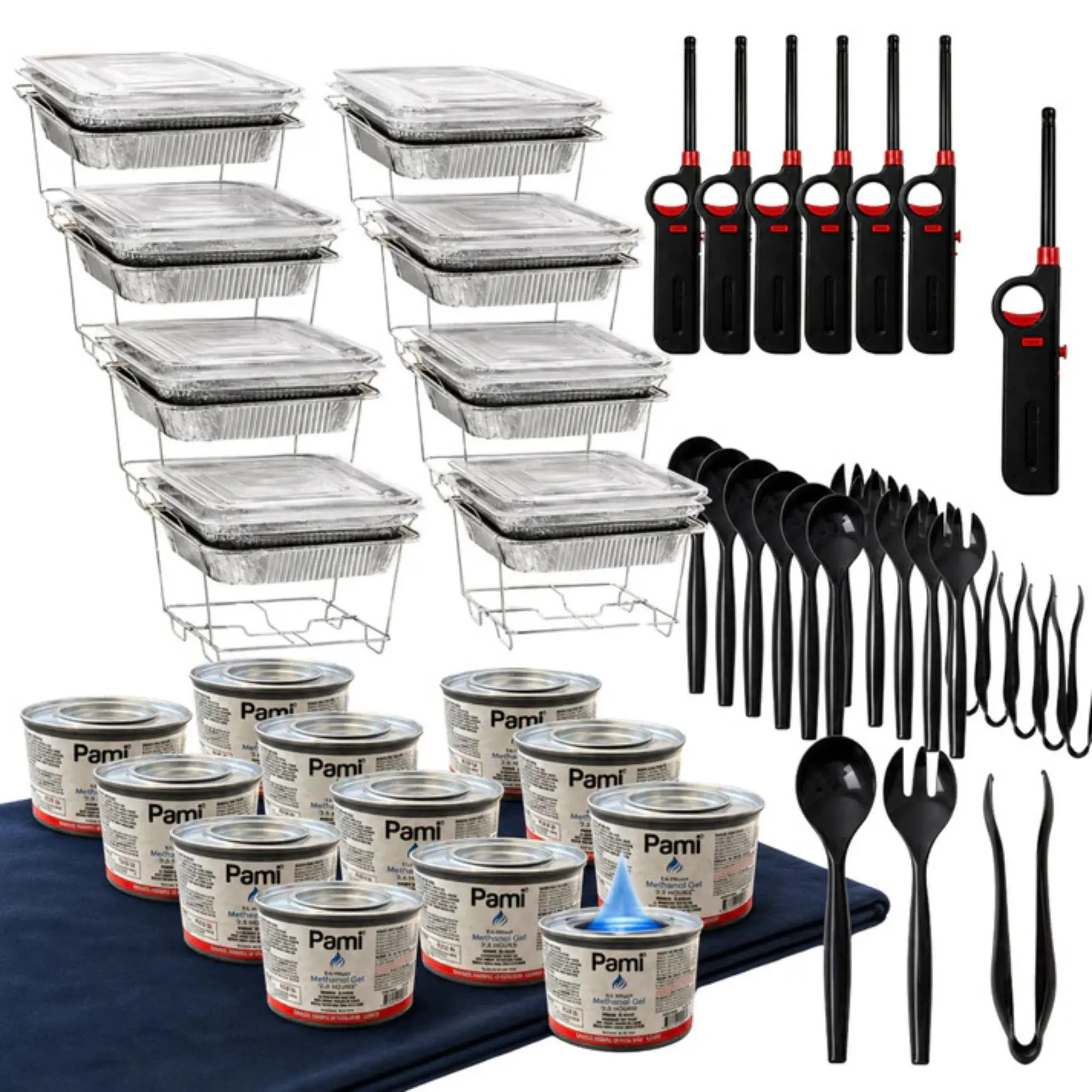 VeZee 84-Piece All-in-1 Solution Disposable Rectangular Chafing Dish Buffet Serving Kit - Aluminum Trays, Wire Racks, Fuel Cans, Utensil Sets, Lighters - Catering Food Warmer for Holiday, Ceremony, Anniversary Events, Carton Box Included