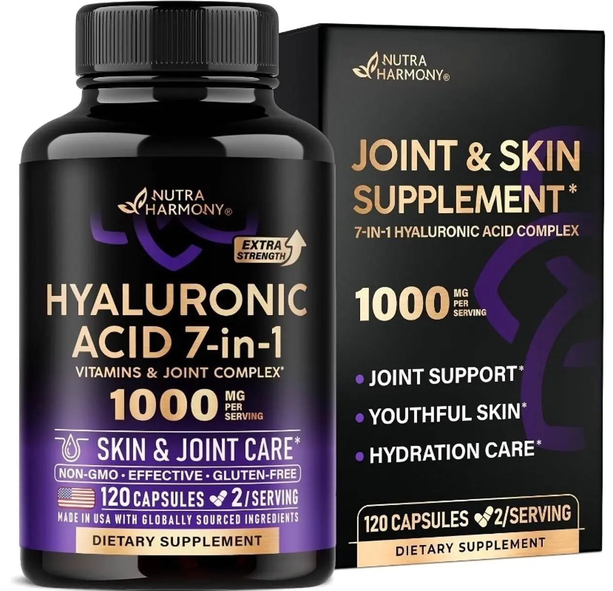 Hyaluronic Acid Supplements 1000mg - Skin & Joint Support - 120 Caps | Hyaluronic Acid Capsules - 7in1 Complex for Men & Women - Collagen | MSM | Boswellia | Vitamin D3, C & E - Lab Tested