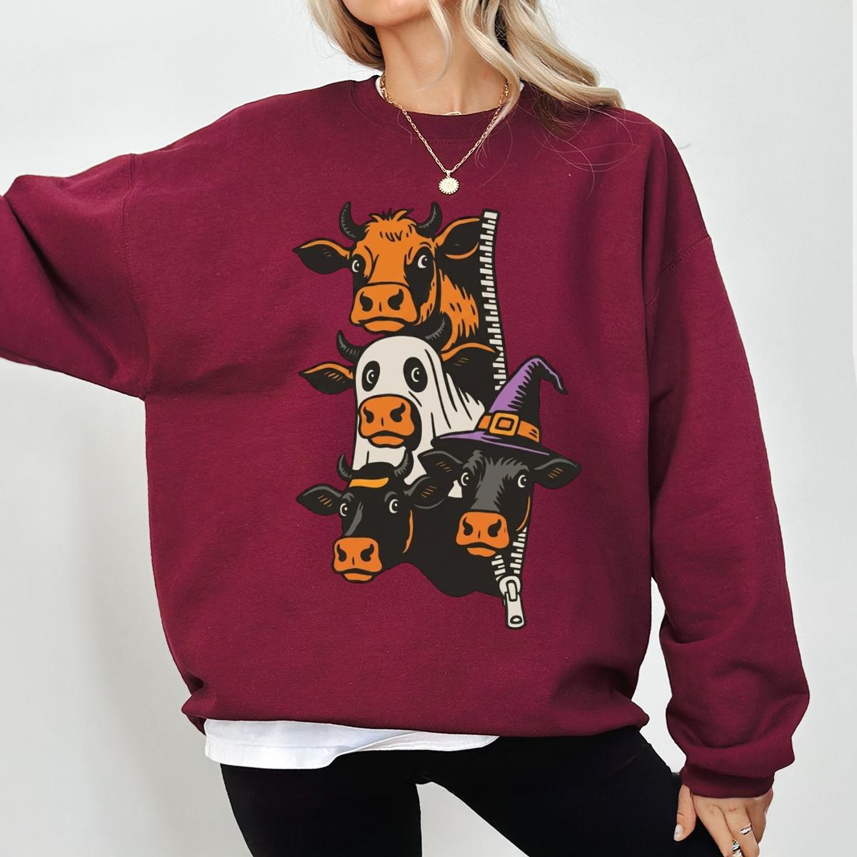 Halloween Cow Sweatshirt, Cute Spooky Farm Animal Crewneck, Witch Hat Cow Graphic Pullover, Funny Fall Pumpkin Farm Gift