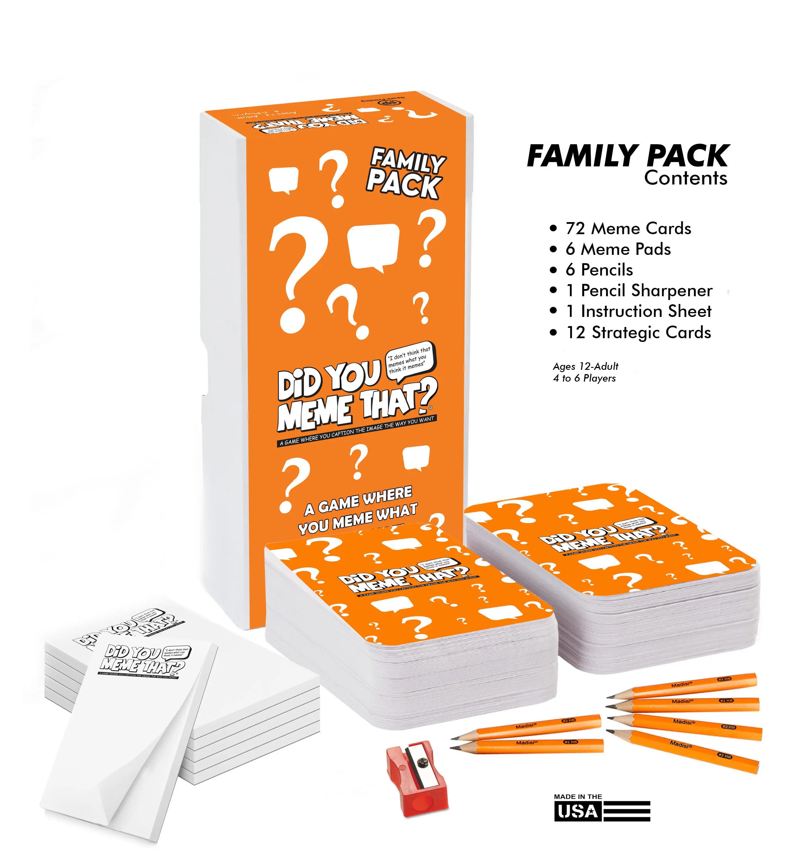 Did You Meme That Game Family Pack - Includes 72 Meme Cards, 12 Strategic Cards, 6 Meme Pads, 6 Pencils, 1 Pencil Sharpener, and Instruction Sheet. For 4 to 6 Players and Ages 12 Adult. Made In The USA