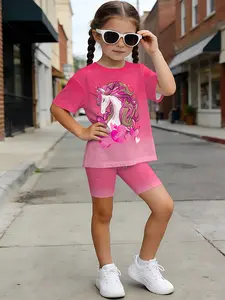 Unique Unicorn Gradient Set for Girls, Summer Casual, Elastic Waist Shorts, All over Print, Regular Length Top
