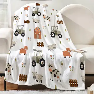 Flannel Farm Blanket Digital Printed Farm Animal & Tractor Pattern Soft Comfortable Anti-Pilling Machine Washable for Sofa Bed Nap Outdoor Travel Gift