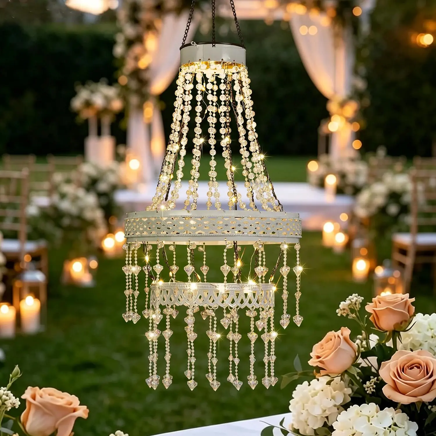 Solar Hanging Crystal Chandelier Outdoor Decorative Garden Light Acrylic crystals with warm LEDs powerful solar battery for elegant, waterproof garden gazebo, party, wedding, tree decor