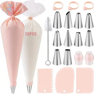 40PCS Cake Decorating Kit, Stainless Steel Piping Tips Set with Reusable Silicone Pastry Bags, Icing Scrapers, Cleaning Brush, and Couplers for Baking