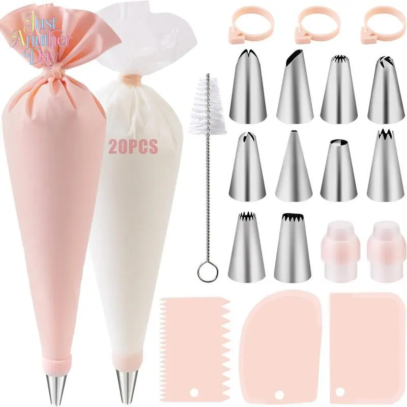 40PCS Cake Decorating Kit, Stainless Steel Piping Tips Set with Reusable Silicone Pastry Bags, Icing Scrapers, Cleaning Brush, and Couplers for Baking