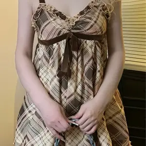 Stylish Cami Top Sleeveless Plaid Brown & Beige Argyle Pattern Stretch Fabric Ruffled Edges Bow Detail for Casual Outings