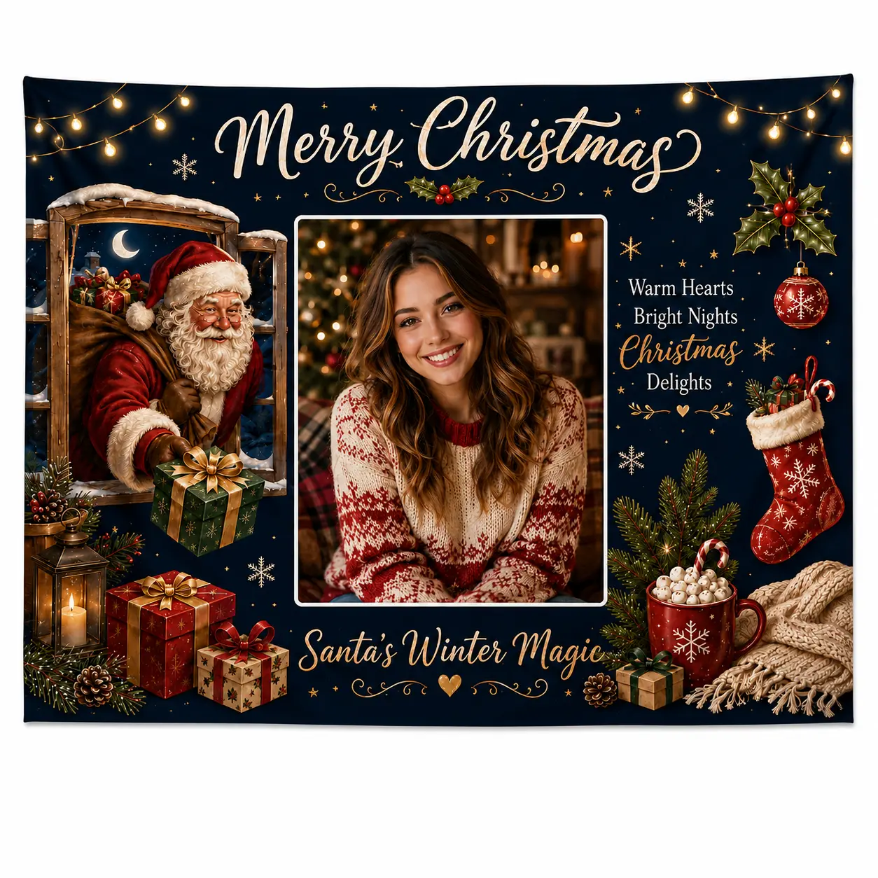Personalized Christmas Photo Tapestry with Photo Insert - Custom Animal Print Holiday Decoration, Home Decor for Fireplace Walls Backdrop, Gift for Family, Glam