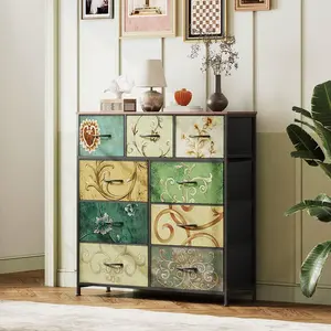 9 Drawer Fabric Dresser For Bedroom, Tall Storage Tower With Fabric Bins, Steel Frame, Wood Top, Easy Pull Handle Suitable For Hallway, Entryway, Closet