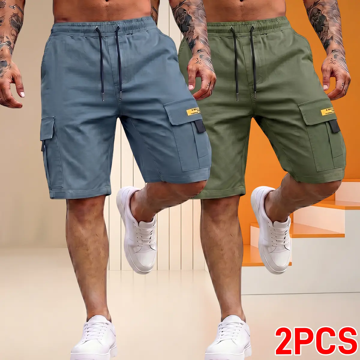 2-pack men’s polyester cargo athletic shorts — quick-drying, breathable outdoor shorts with elastic drawstring waist, multiple side pockets, label detailing, wrinkle-resistant loose fit, quick-dry running shorts suitable for hiking, workouts, travel, ever