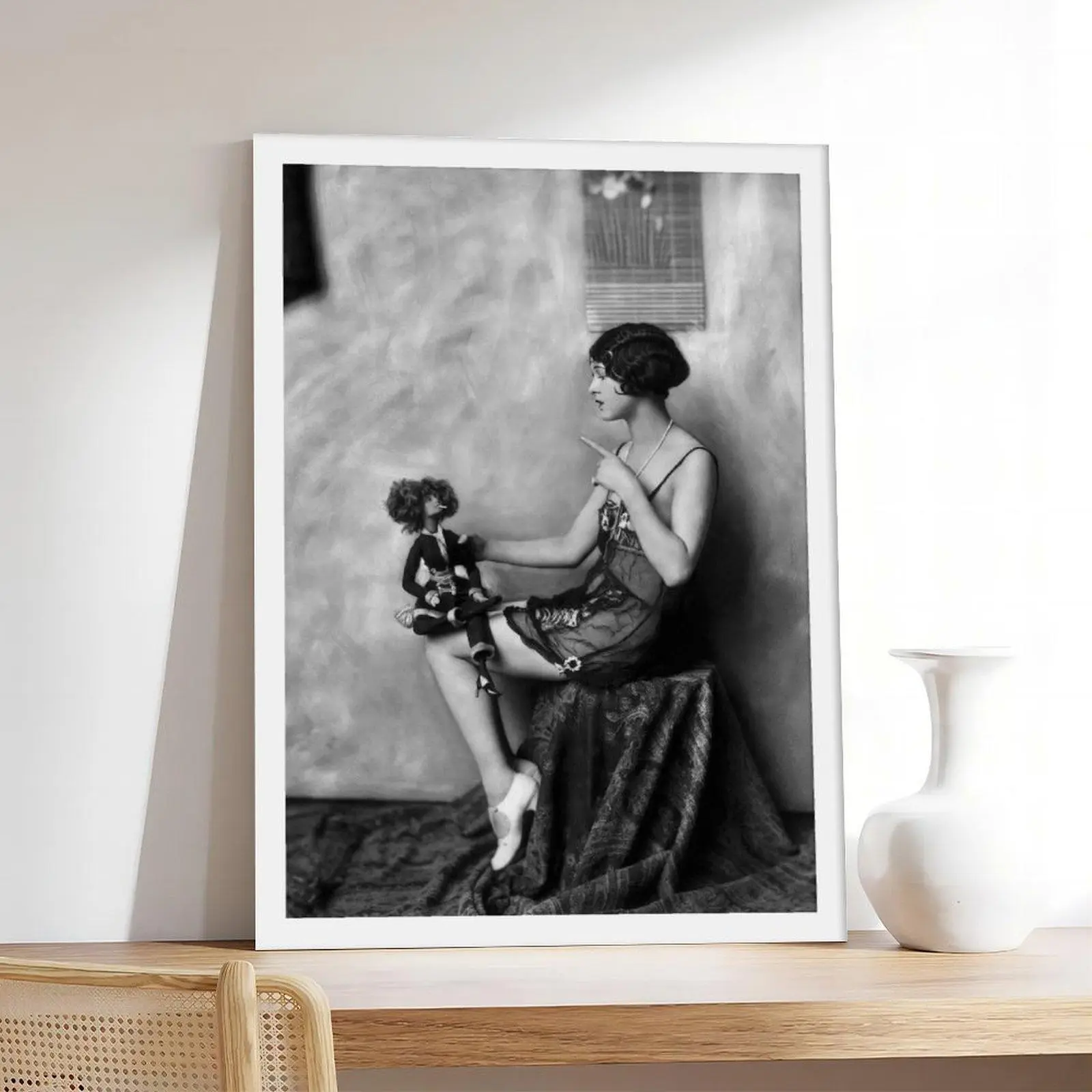 1920s Flapper Girl Vintage Model & Doll Couple Photo Art Poster Print - Artistic, Aesthetic Look Home Decor for Bedroom, Office, Wedding Gift