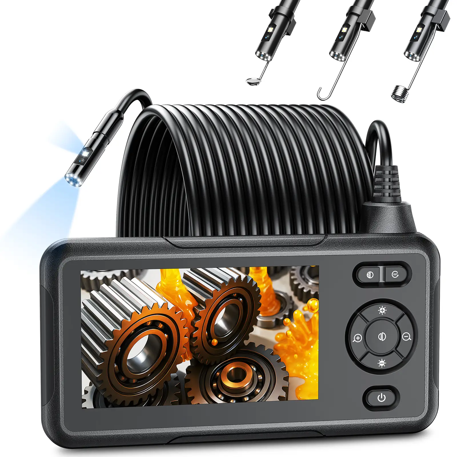 Main Dual Lens Endoscope Borescope Camera with 8 Adjustable LED Light 16.5ft Semi-rigid Cable, IP67 Waterproof 8.0mm Snake Camera, 4.3" LCD Screen, M