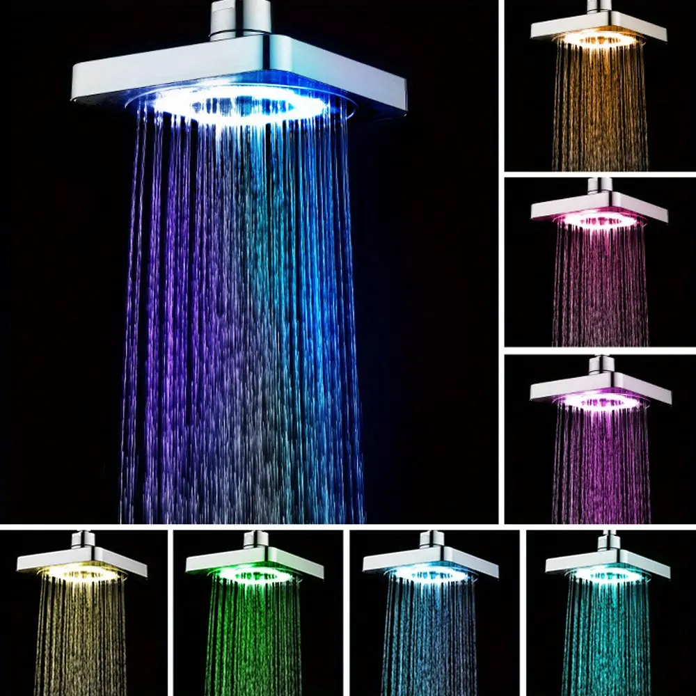 6in Fixed 7-Color LED Square Shower Head - Anti-Clog ABS Water Outlet, Hot/Cold Water Compatible, No Batteries/Wires Needed, Ceramics-Free Design, Home Bathroom Fixture, Valentine's Day Gift, Romantic