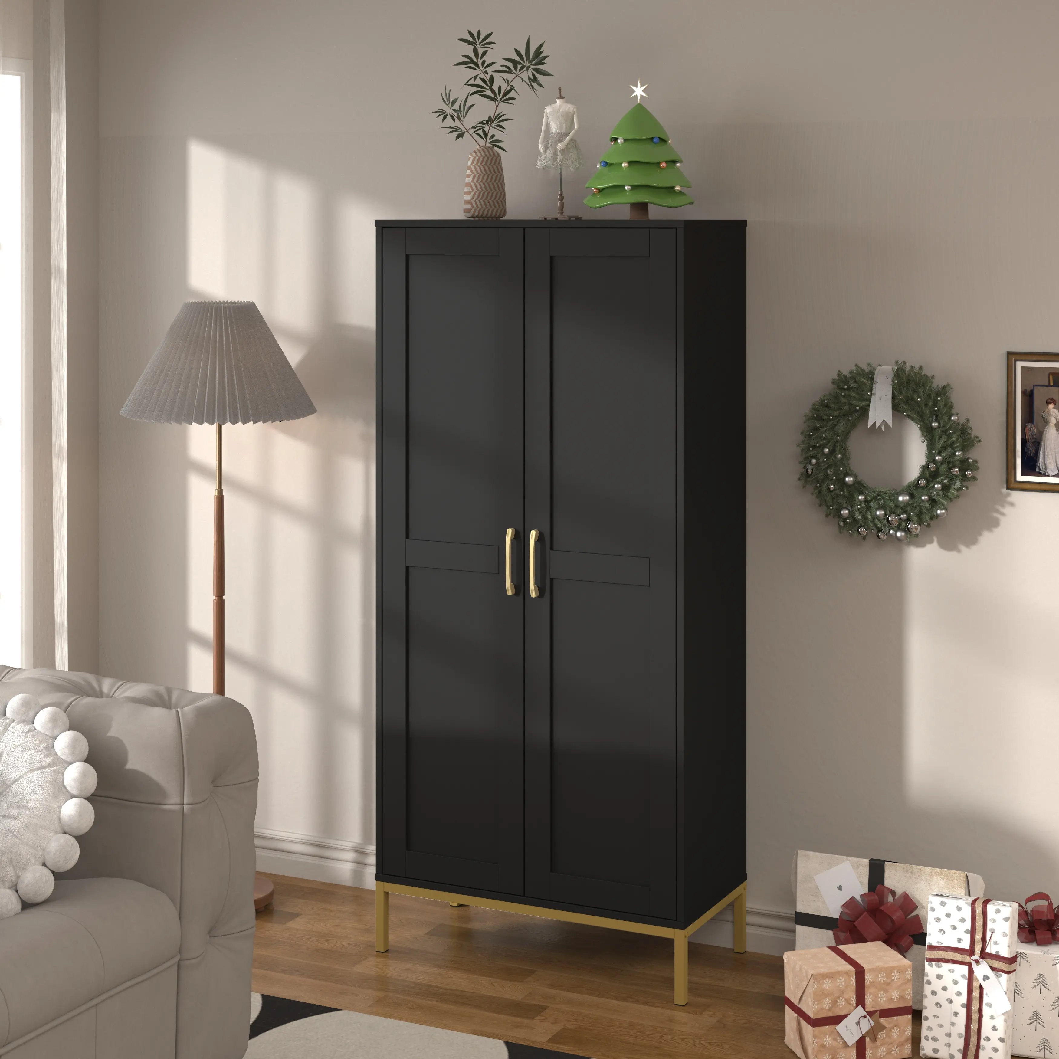 60in Freestanding Cupboard - Modern 2-Regular Door Wood Floor Lockable Cabinet with 3 Adjustable Shelves, Clever Storage Utility Furniture, Assembly Required for Kitchen, Laundry Room