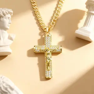 14K Gold Plated 23.6 inch,Width 6mm ,Trendy Jesus Christ Cross Crucifix Pendant with Bling Crystals, Baptism Christian Easter Prayer Jewelry Gift