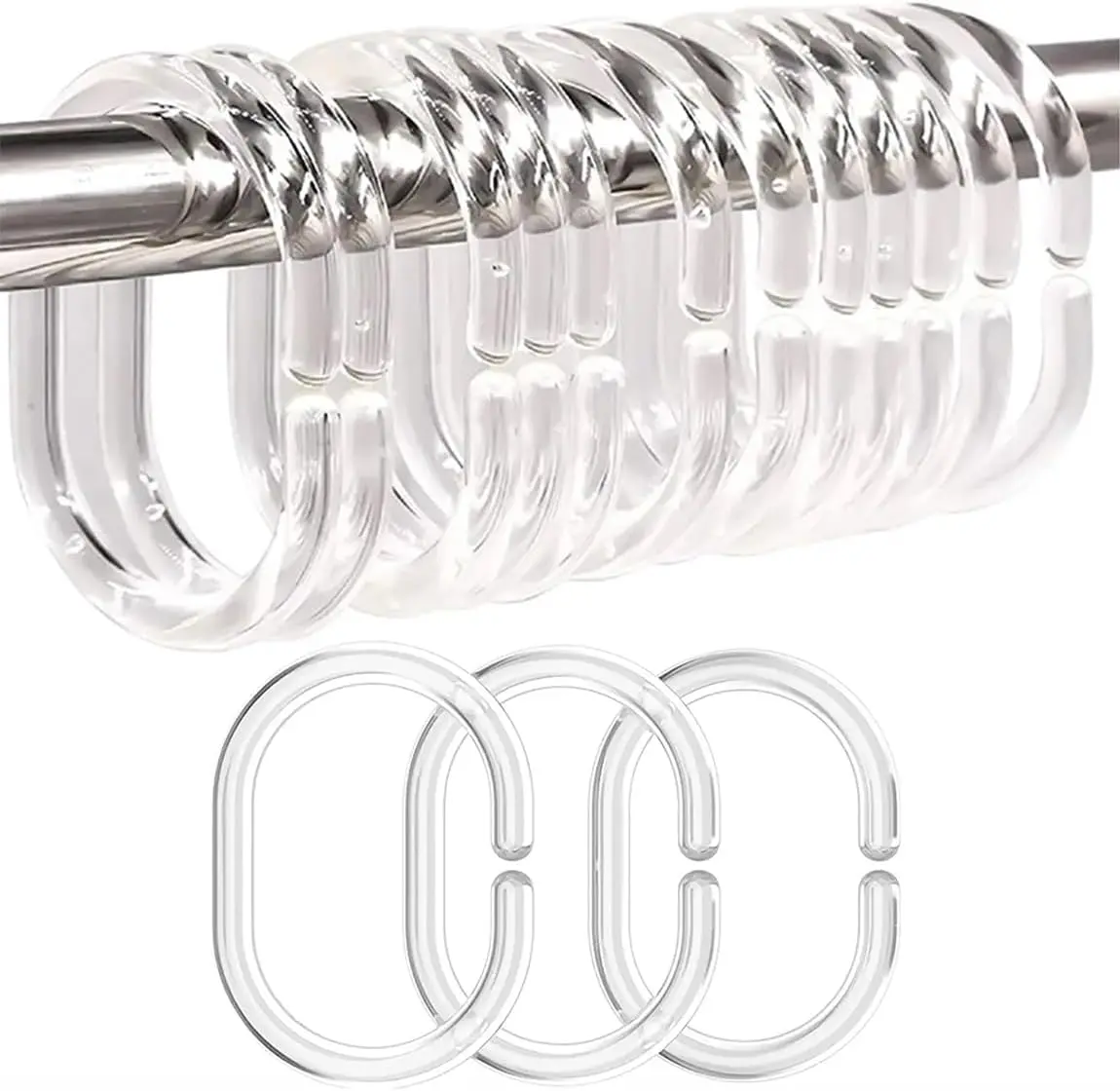 24 PCS Shower Curtain Rings, Plastic Clear Shower Curtain Hooks, C-Shaped Rings Hook Hanger Bathroom Shower Window Rod