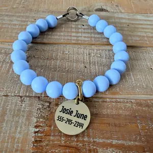 Blue Bead Dog Necklace, Silicone Beads durable wire hold with ring clasp