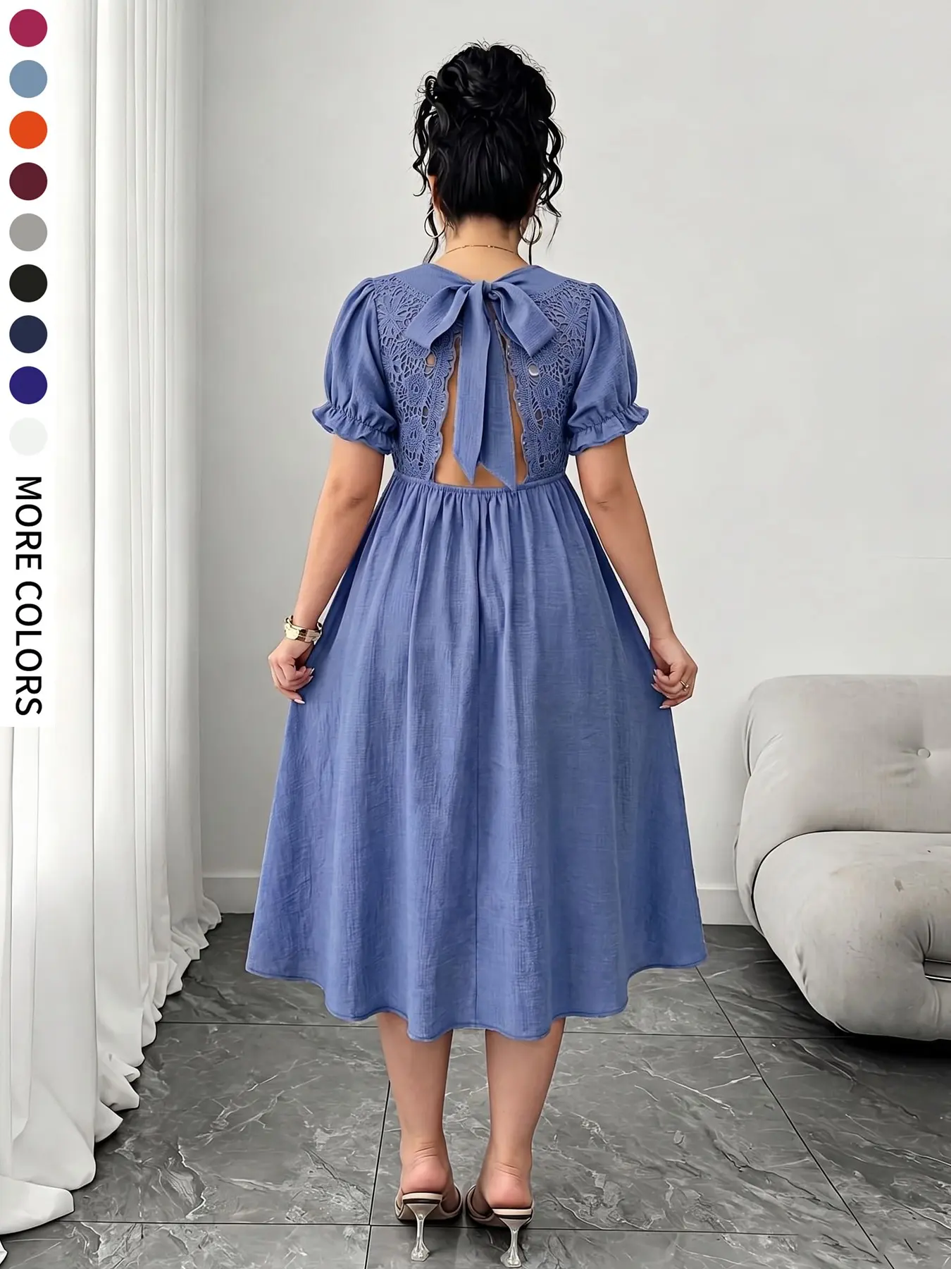 Plus Size Women's A-Line Short Sleeve Dress, Back Lace Insert, Large Bow Tie, Elegant, Chic and Comfortable, Elegance, Perfect for Daily Wear, Dates, Friends Gatherings, Casual, Beach Party Dress, Summer
