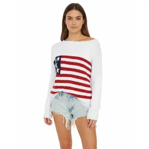 Woman Multicolor Flag Pattern Sweater – Long Sleeve, Round Neck Pullover Cherie Code White M