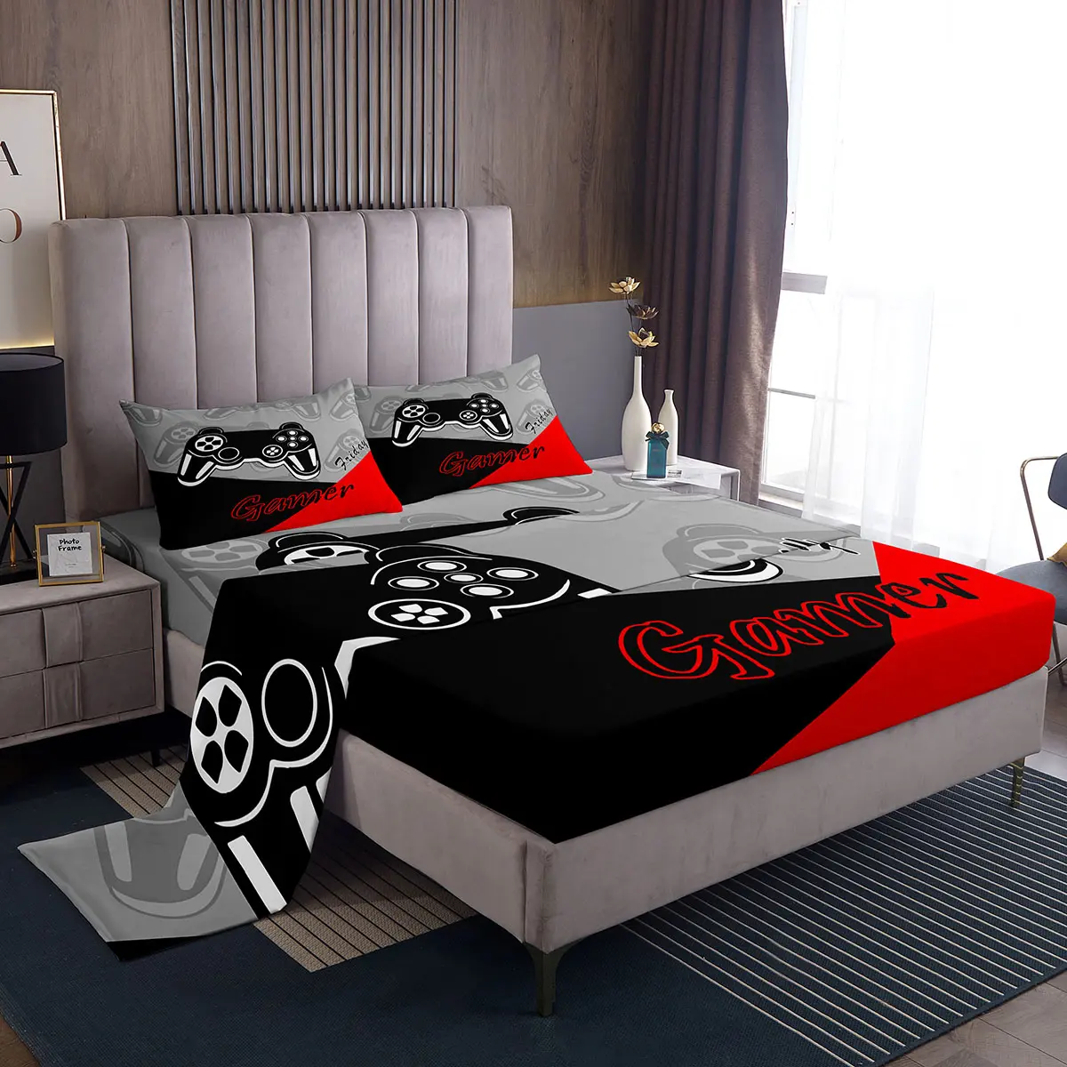 Feelyou Gamer Bed Sheet Set - Soft Video Game Controller Design, Deep Pocket Fitted Sheet, Pillow Case, Breathable Bed Linens, Durable, All-Season, Multiple Sizes