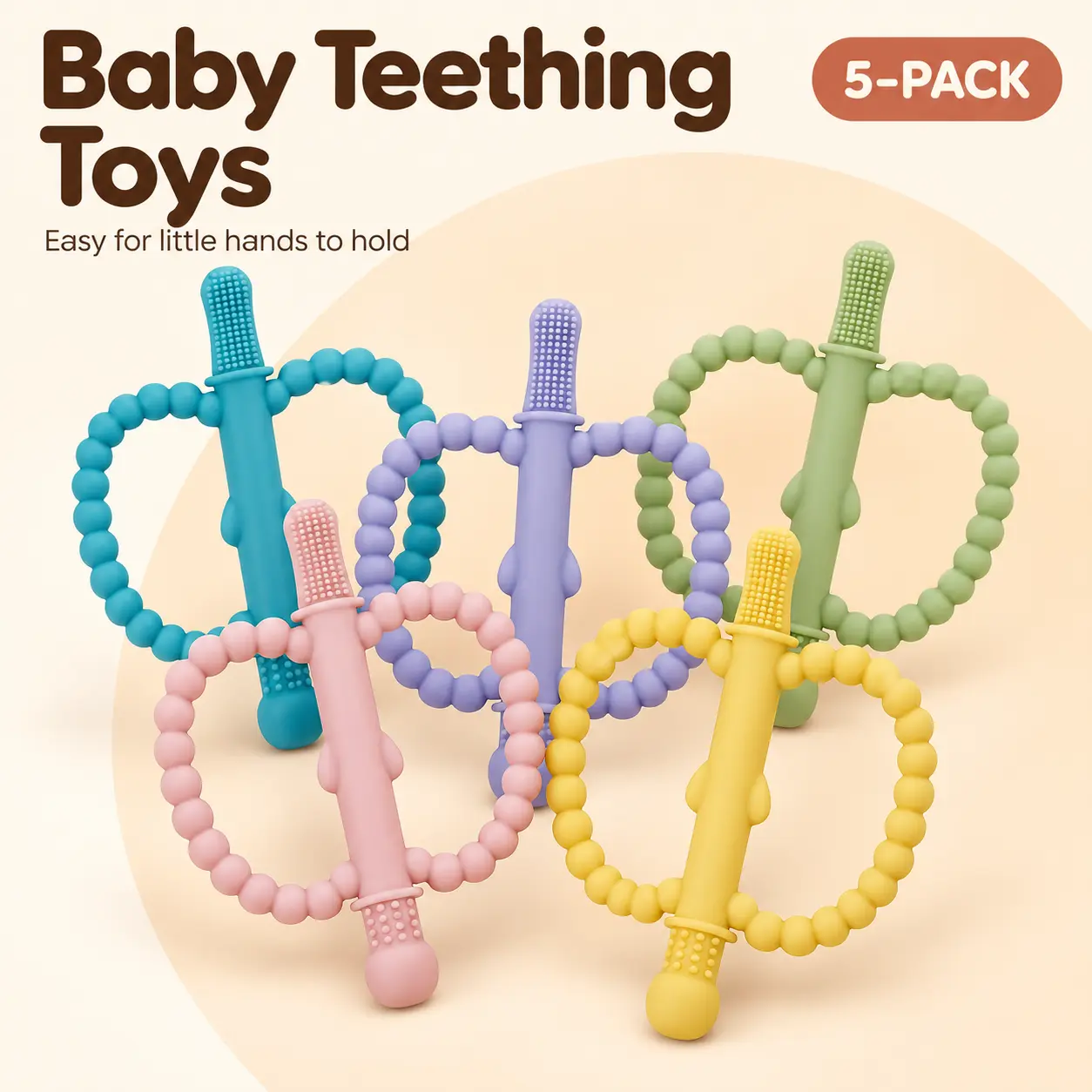 Baby Silicone Teething Toys with Easy-Grip Handles, Textured Teethers, 3-Pack or 5-Pack