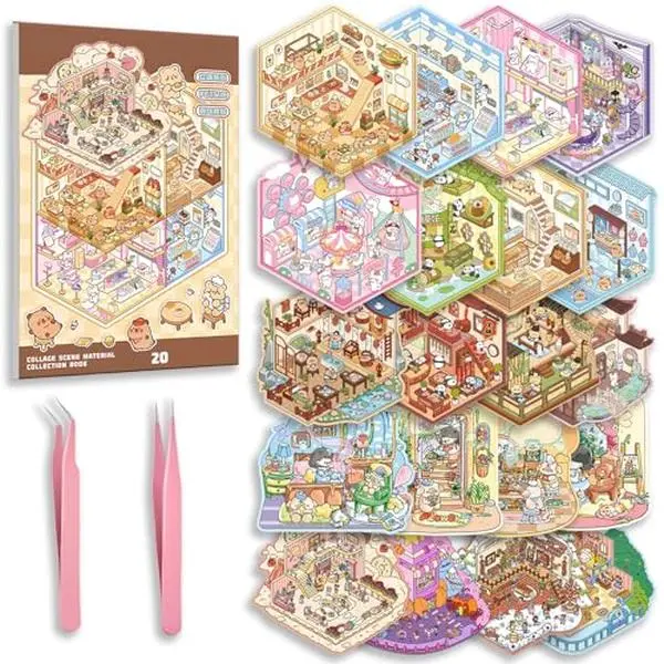 20 Sets DIY 3D Sticker Scene Collection Book for Kids Adults Cute Make Your Own Shop House Stickers for Gifts Stickers Therapy for Adult Relief Stress Pass The Time Play Park Hamburg Castle Library