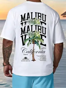 'Malibu Vibe California' Malibu Palm Tree California Vacation White Short-Sleeve T-Shirt, Menswear, Casual Summer Beach Streetwear Top, Premium Cotton Fabric, Tropical West Coast Aesthetic, Oversized-Fit, Eye-Catching Palm Tree Print, Versatile