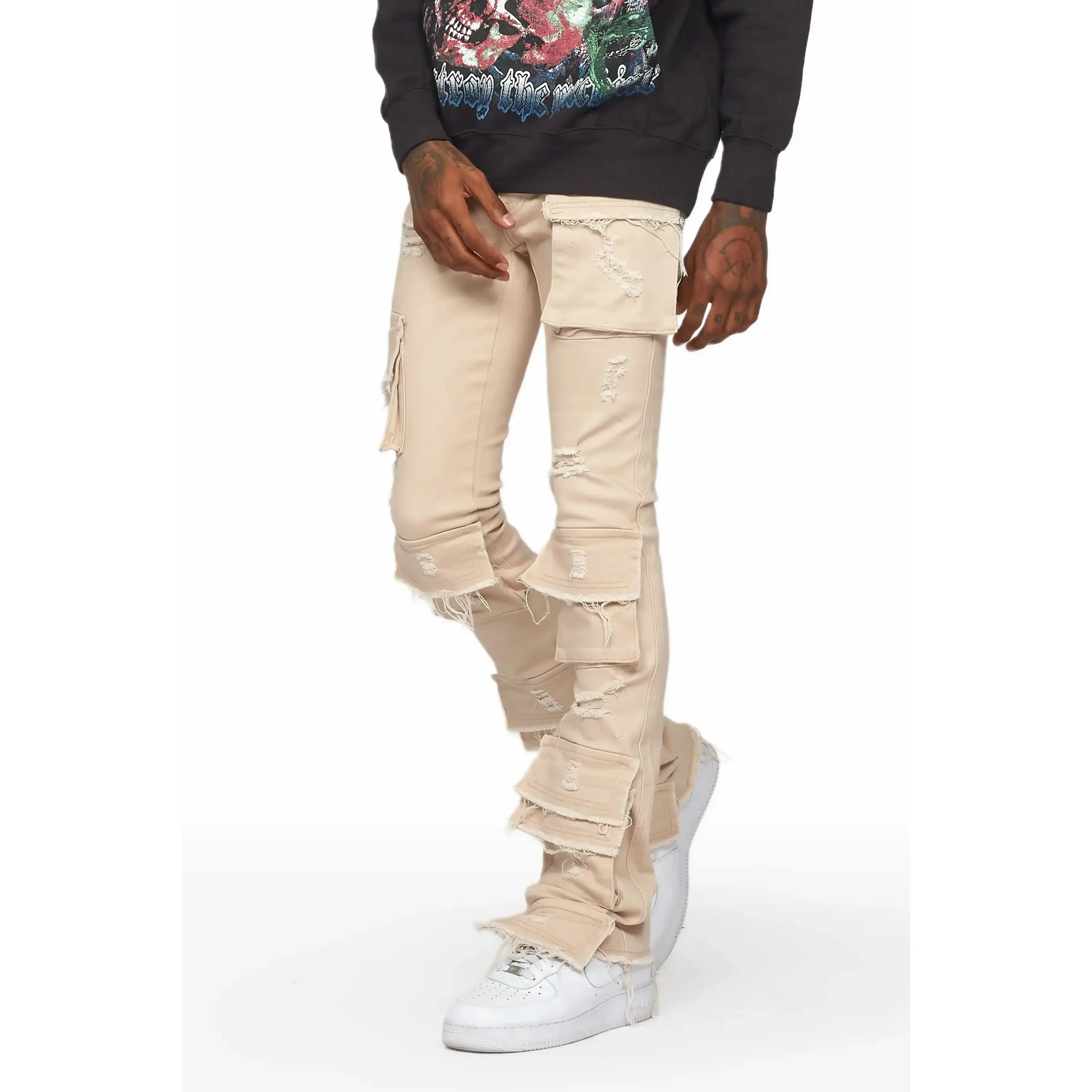 Zander Beige Stacked Flare Cargo Jean