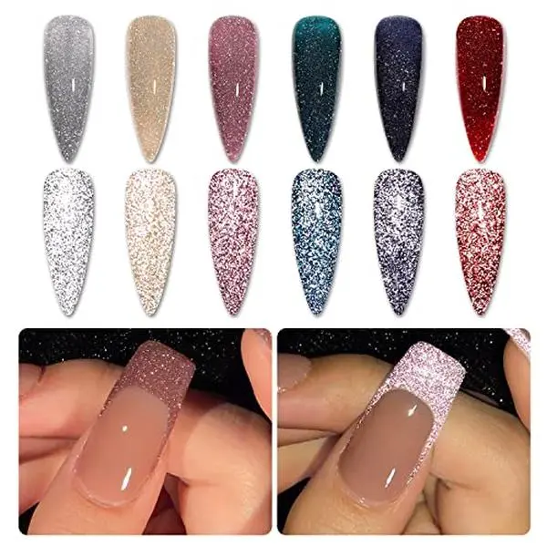 GAOY Reflective Glitter Gel Nail Set of 6 Colors UV Gel | Shimmery, Sparkle, Holographic, Red Green Silver Gold Pink, Christmas Holiday Nail Art DIY Manicure at Home, Gift for Women