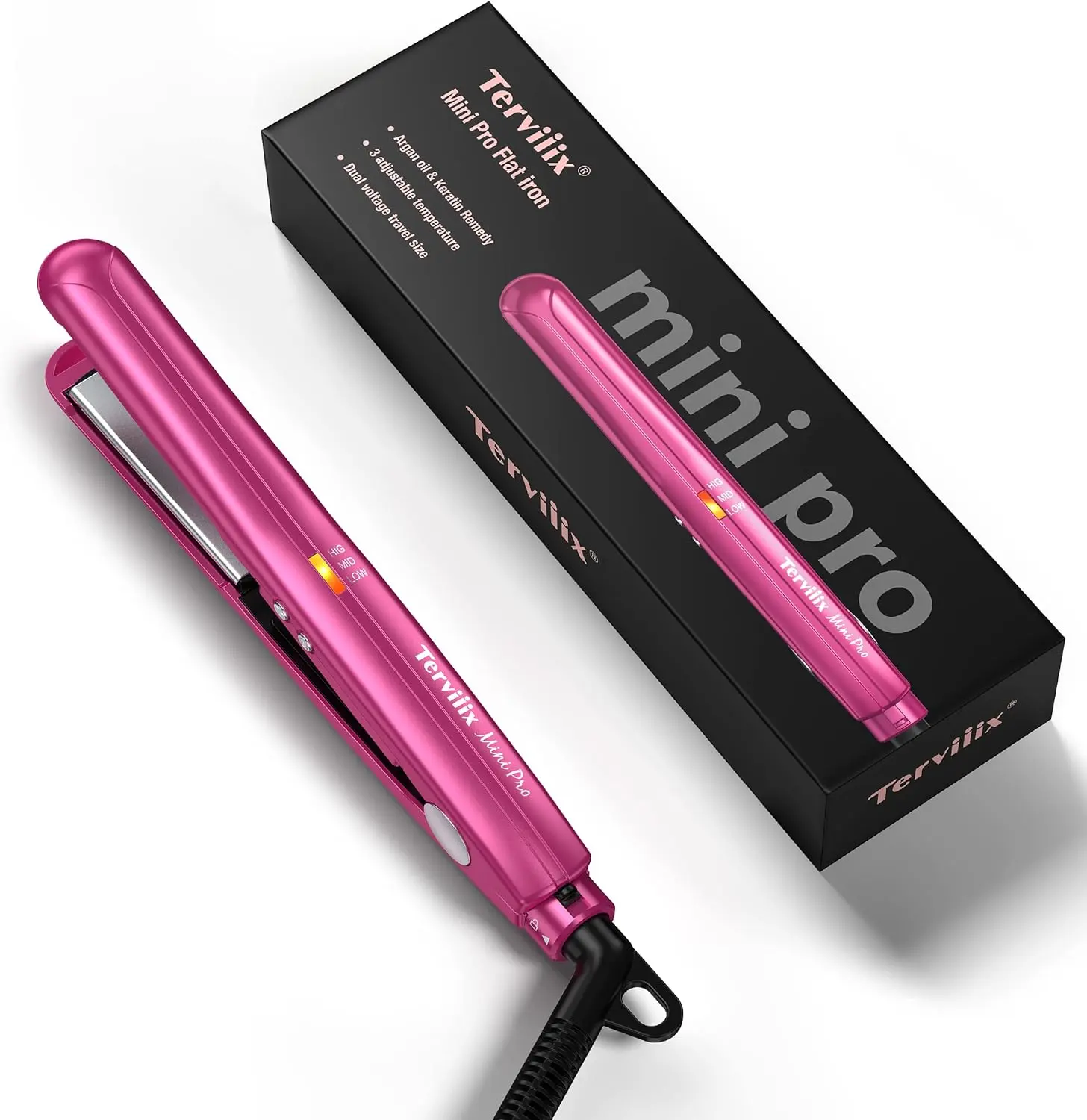 Terviiix Mini Flat Iron, Bangs Straightener, Pink, 1/2" | Adjustable Temperature, Travel-Size, For Short Hair/Pixie Cut/Touch-Ups, Ceramic Portable, Dual Voltage