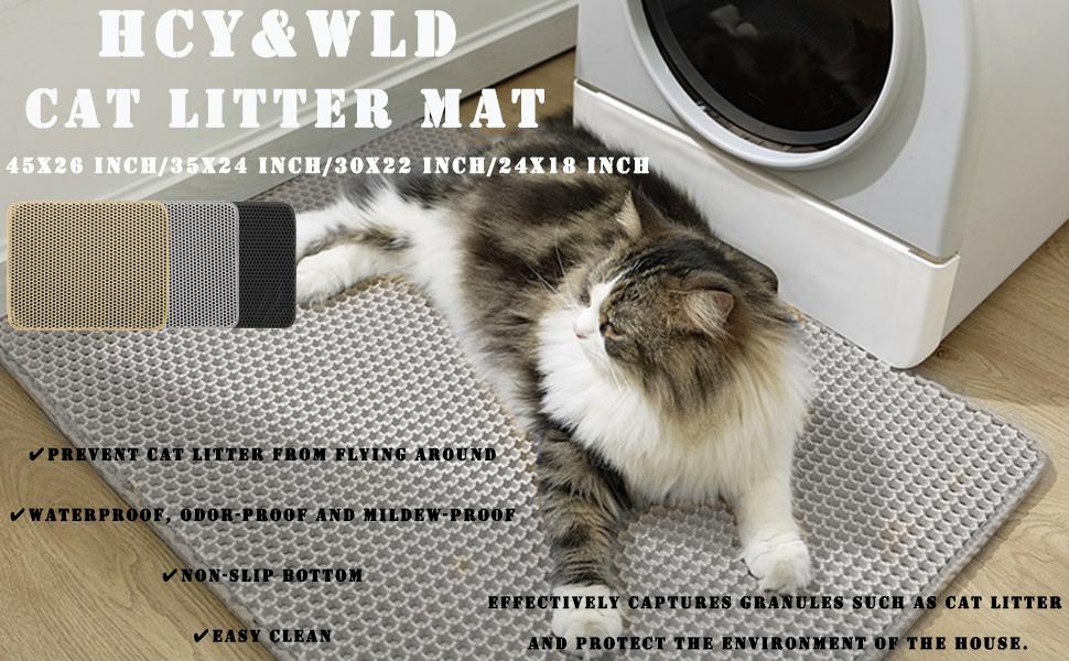 Cat Litter Mat, 35x24/24x18 Inch Double Layer Cat Litter Box Mat, EVA Non-Slip, Waterproof Urine Proof Cat Litter Catcher Mat, Easy Clean Scatter Control (35x24 Inch, Gray)