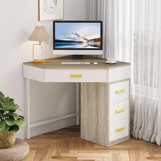Tribesigns Corner Desk, Triangle Computer Desk with 3 Drawers, 90-Degree Writing Desk PC Table Makeup Vanity Desk with Storage for Home Office, Living Room, Bedroom (White and Grey)