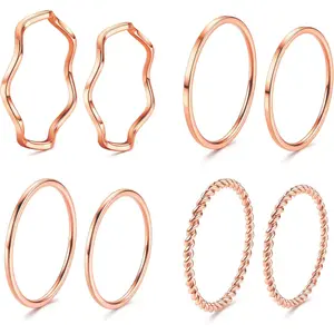 8-14Pcs 1mm Stainless Steel Women's Plain Band Knuckle Stacking Midi Rings Comfort Fit //Rose Tone