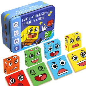 Wooden Face Changing Magic Cube Game[16 blocks + 72 cards], Expression Puzzle Building Blocks Pattern Matching Game, Educational Puzzles Toy Board Games for Kids and Adults with Bell